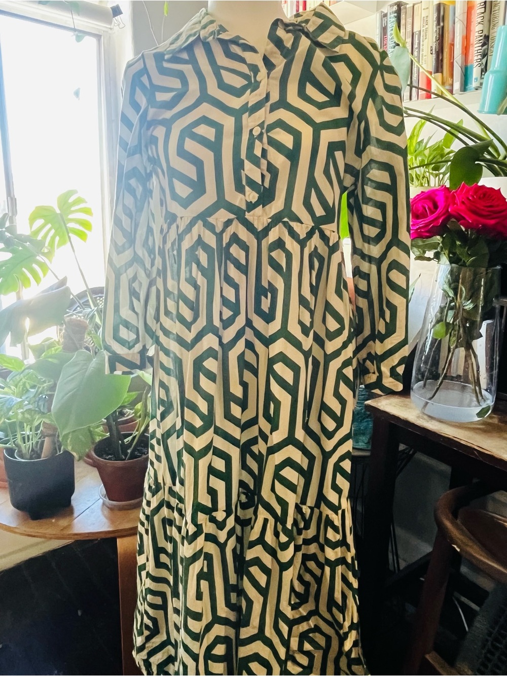Zara Geometric Midi Dress in Green and Cream
